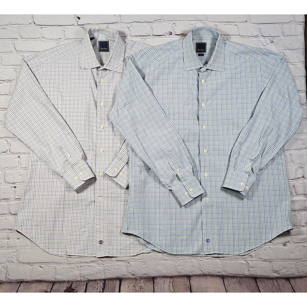 Lot of 2 David Donahue Mens Trim Fit Cotton Check Button Down Shirt Blue Tan